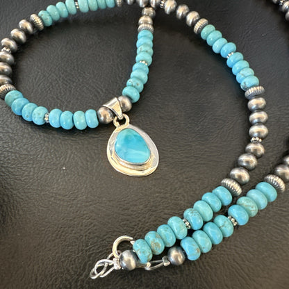 WoMens Blue Kingman Turquoise Pendant Navajo Sterling Silver Necklace 21" 18415