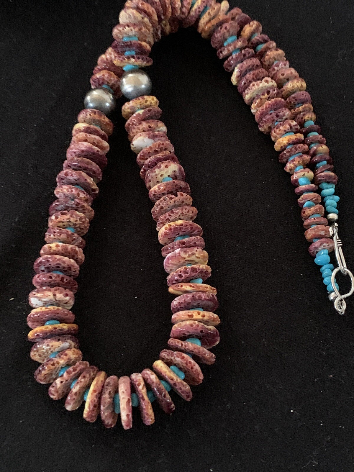 Purple Spiny Oyster & Turquoise Navajo Sterling Silver Necklace 00119