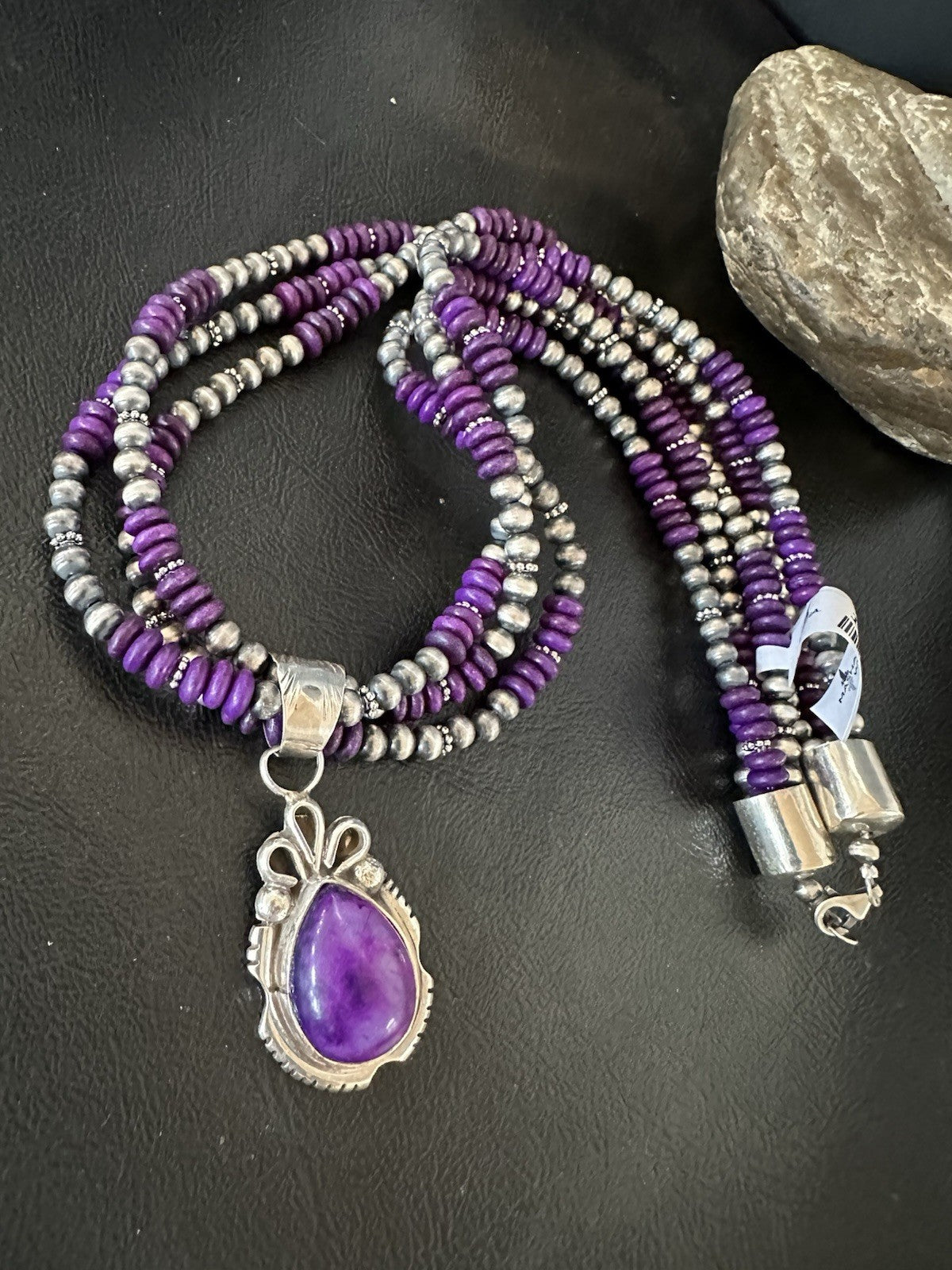 Navajo Sterling Silver 3 Strand Purple Stone Necklace Pendant 22” 19304