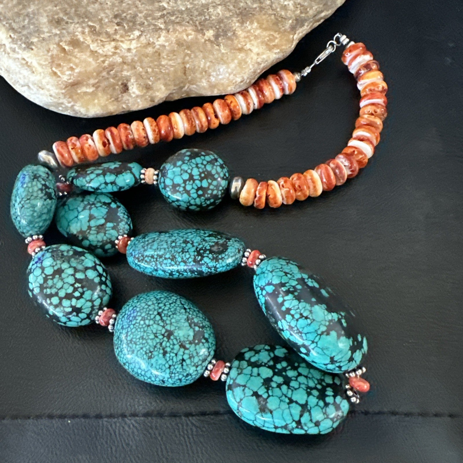 Blue Turquoise Red Spiny Chunky Navajo Sterling Silver Necklace 22” 19248