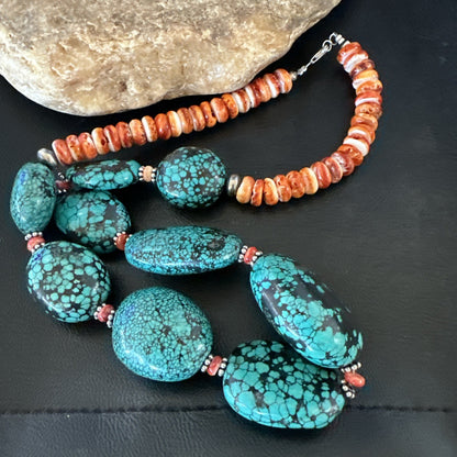 Blue Turquoise Red Spiny Chunky Navajo Sterling Silver Necklace 22” 19248