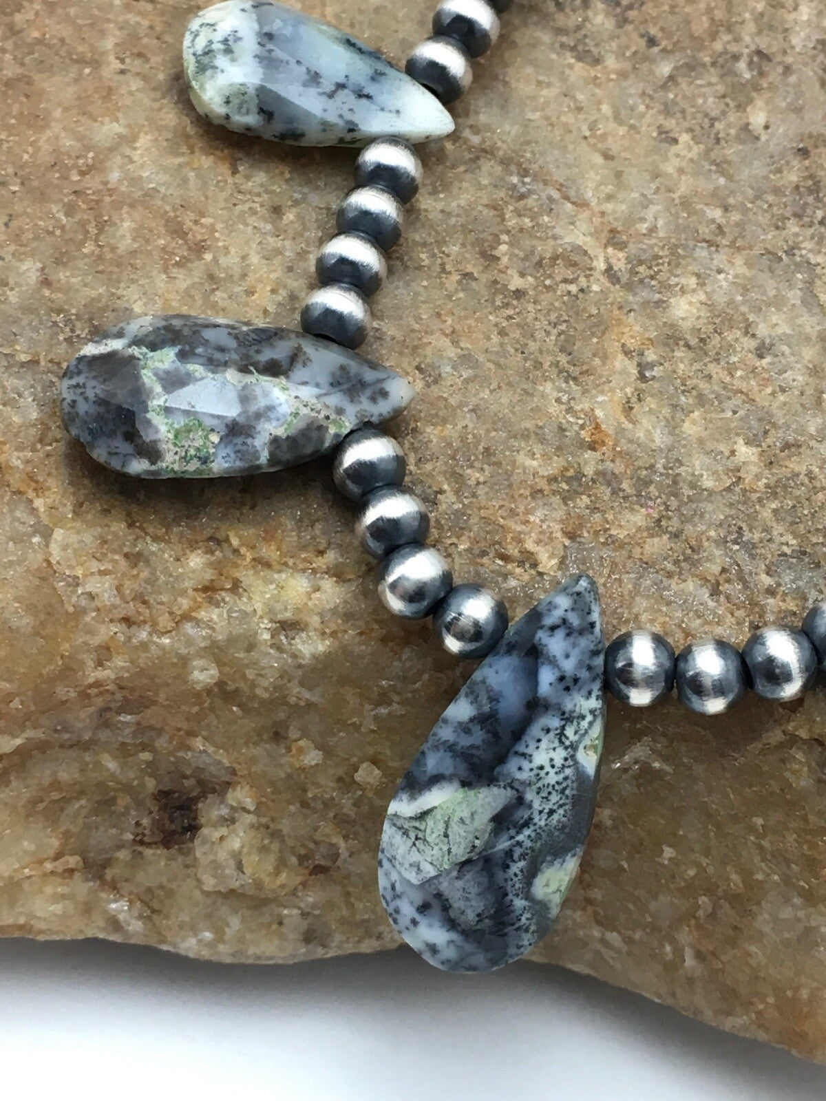 Black Rutilated Opal Pear Shaped Navajo Pearls Sterling Silver Necklace 04090