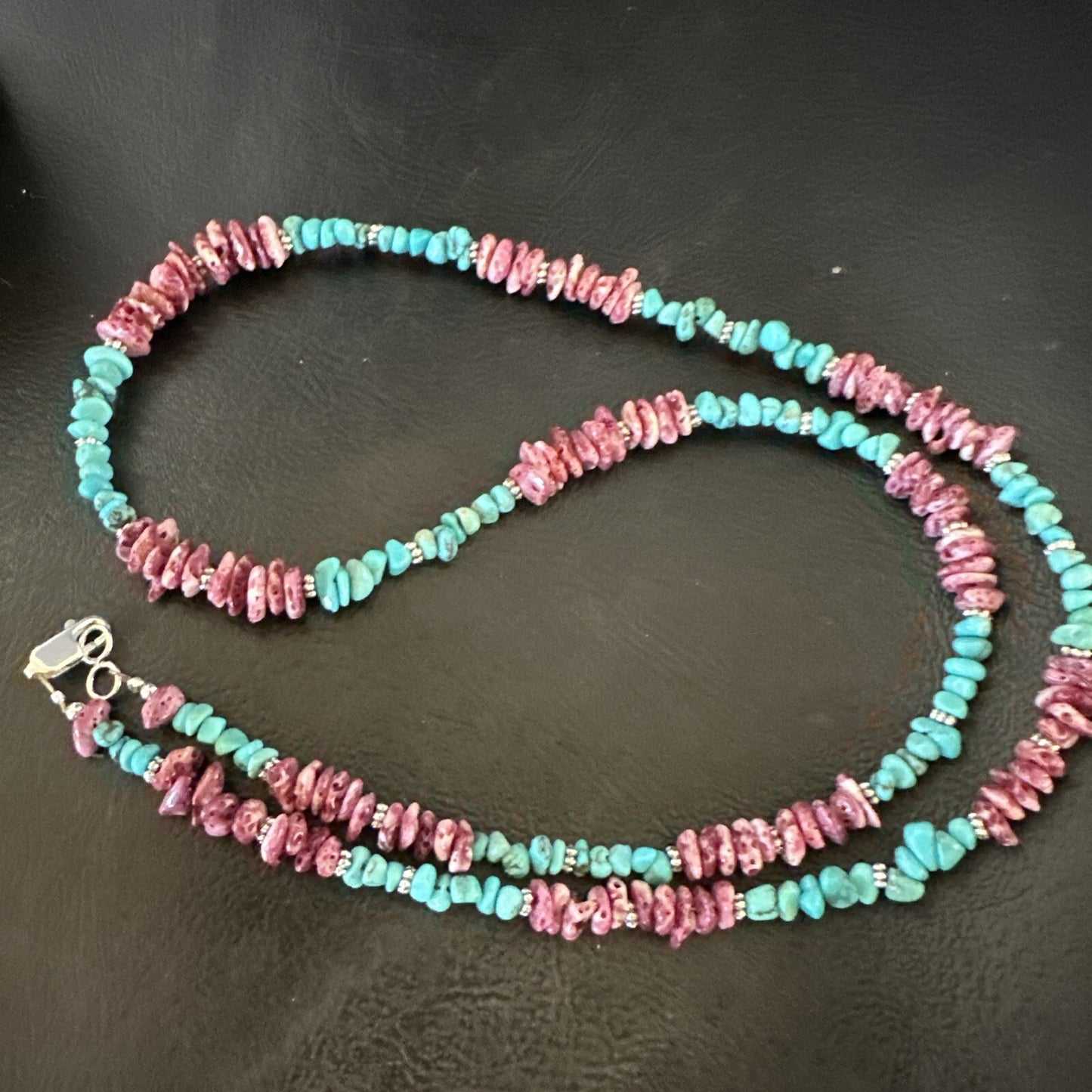 Mens  Spiny Blue Turquoise Navajo Sterling Silver Necklace 24” 18161