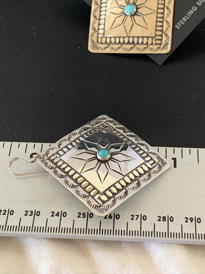 Blue Turquoise Navajo Sterling Silver Earrings 2.25" 12057