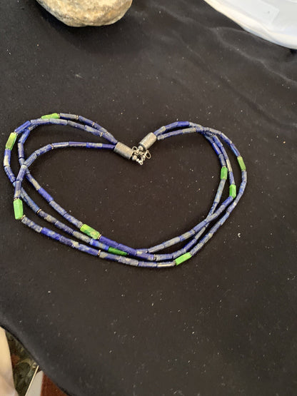 Mens Navajo Lapis Green Turquoise 3 Strands Sterling Silver 21" Necklace 8370
