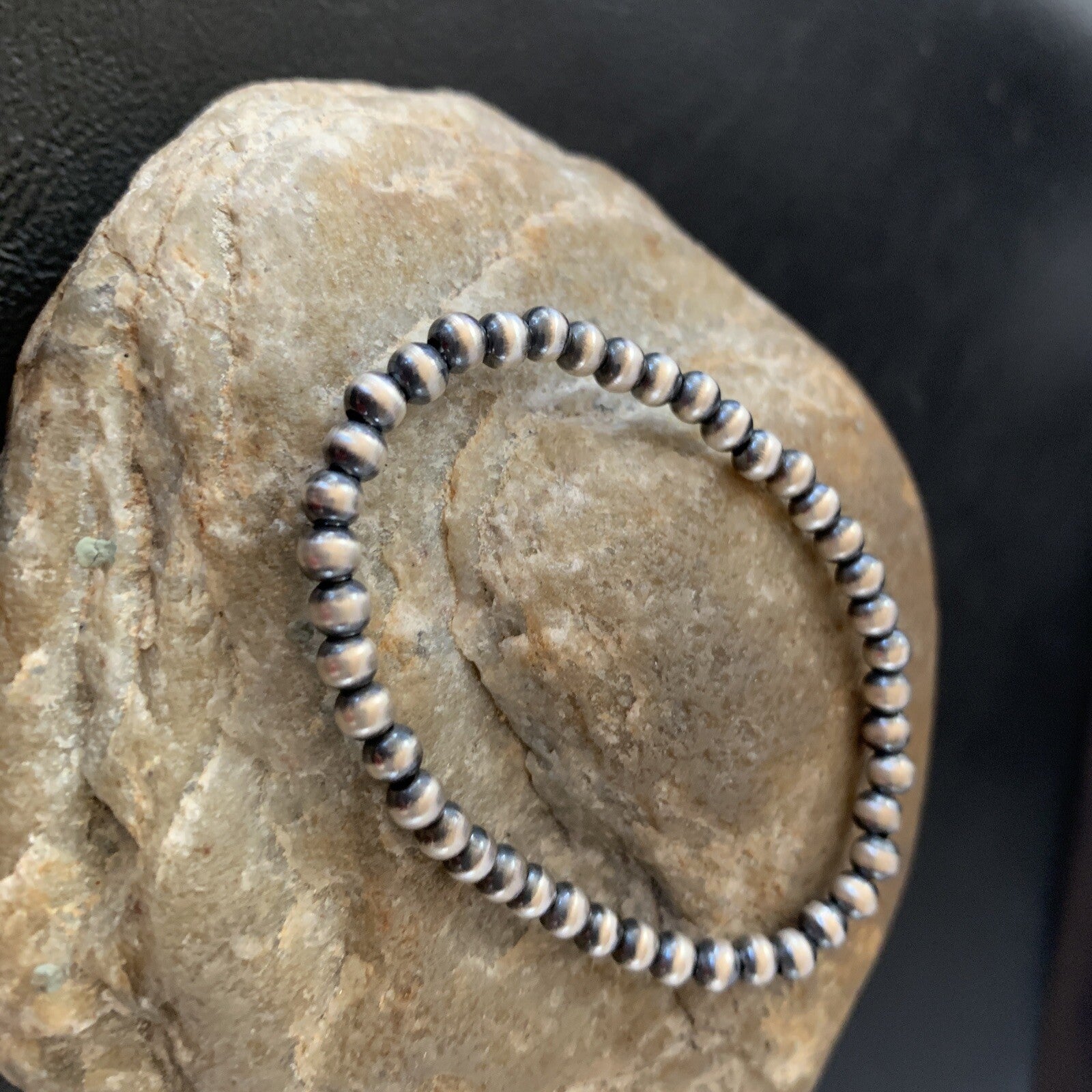 Navajo 4mm Beads 6” Stretchable Sterling Silver Bracelet 90401