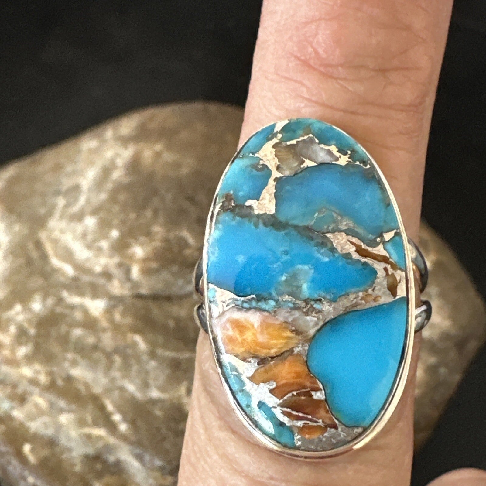Blue Turquoise Spiny Oyster Southwestern Sterling Silver Ring Size 7 18443
