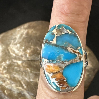 Blue Turquoise Spiny Oyster Southwestern Sterling Silver Ring Size 7 18443