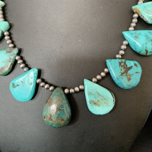 Navajo Pearls Necklace Sterling Silver Blue Turquoise Teardrop 13152