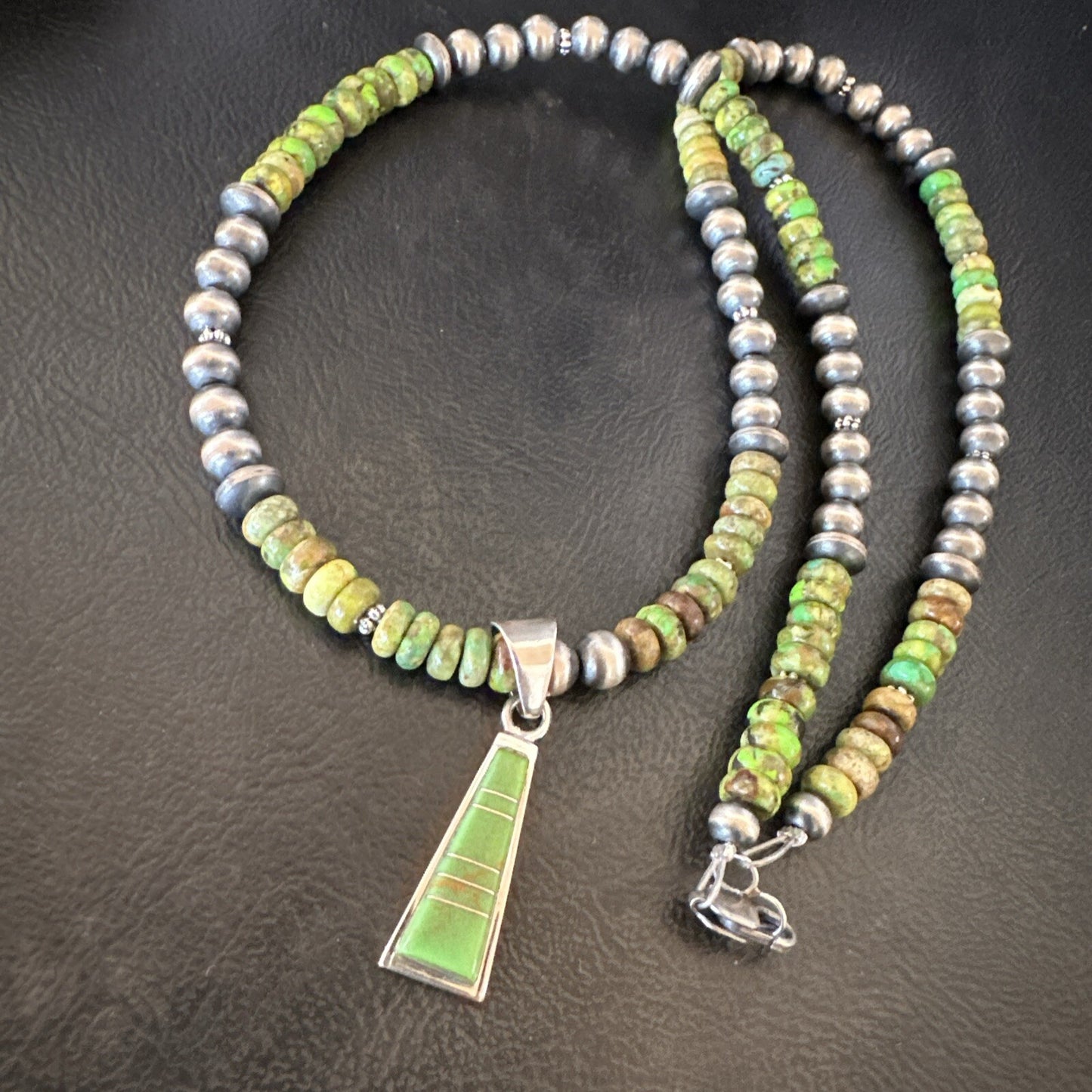 Womens Green Gaspeite Turquoise Pendant Navajo Sterling Silver Necklace 18371
