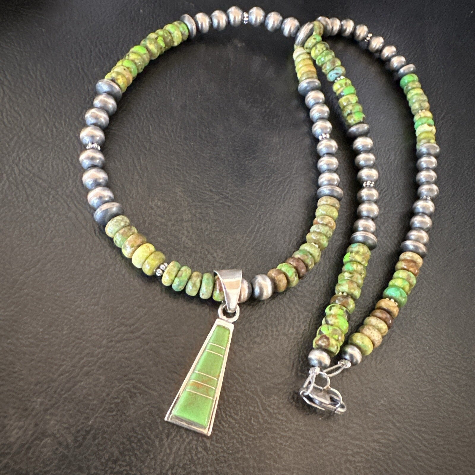 Womens Green Gaspeite Turquoise Pendant Navajo Sterling Silver Necklace 18371