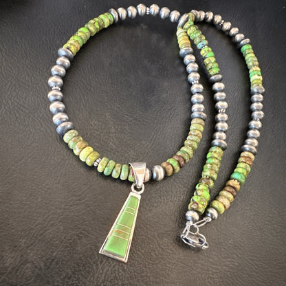 Womens Green Gaspeite Turquoise Pendant Navajo Sterling Silver Necklace 18371