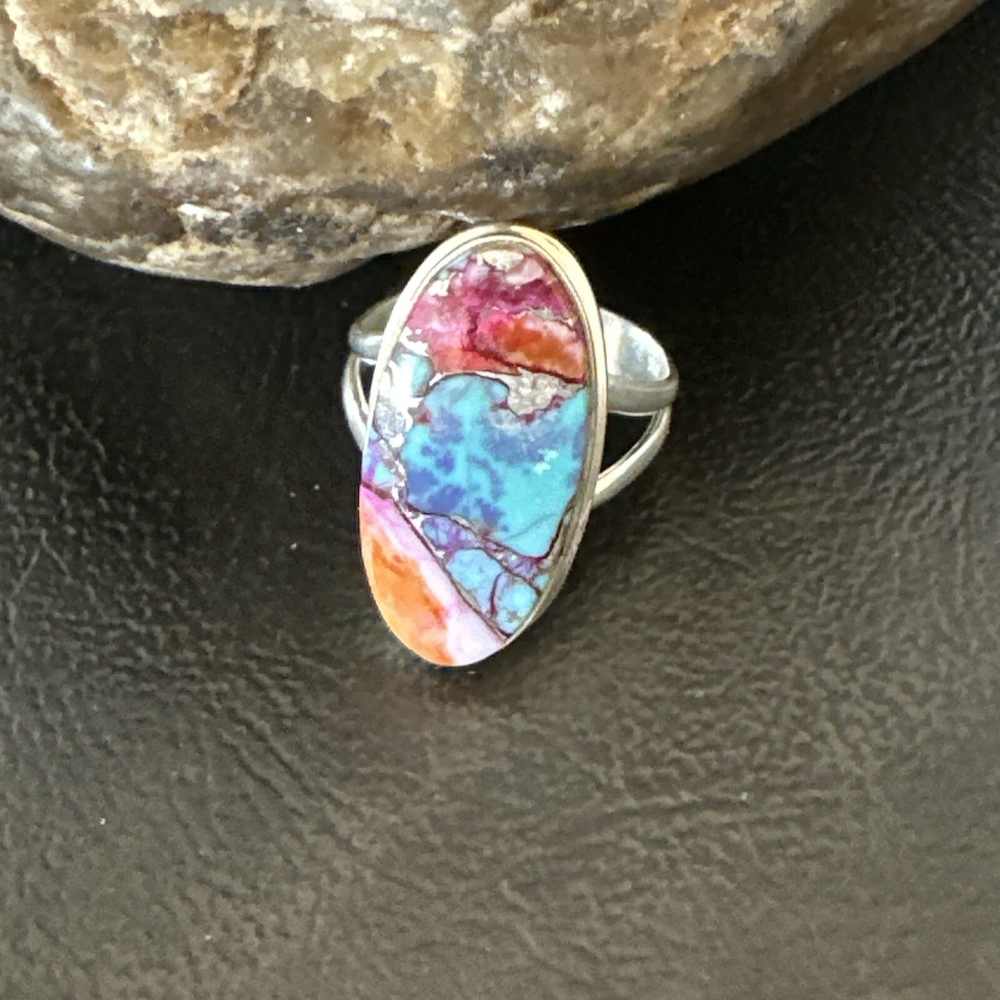 Blue Turquoise Spiny Oyster Southwestern Sterling Silver Ring Size 7 18496