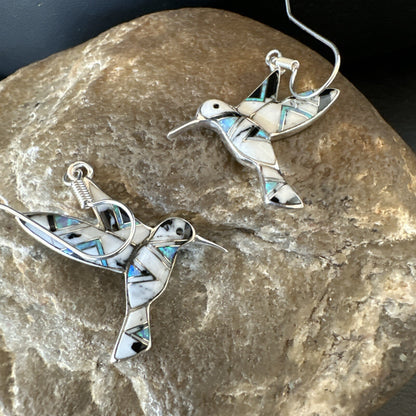 White Buffalo Turquoise Opal Onyx Sterling Silver Hummingbird Earrings 18546