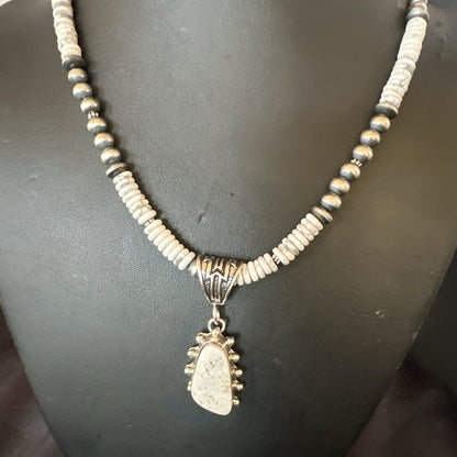 White Buffalo Turquoise Pendant Navajo Pearls Sterling Silver Necklace 22" 18259