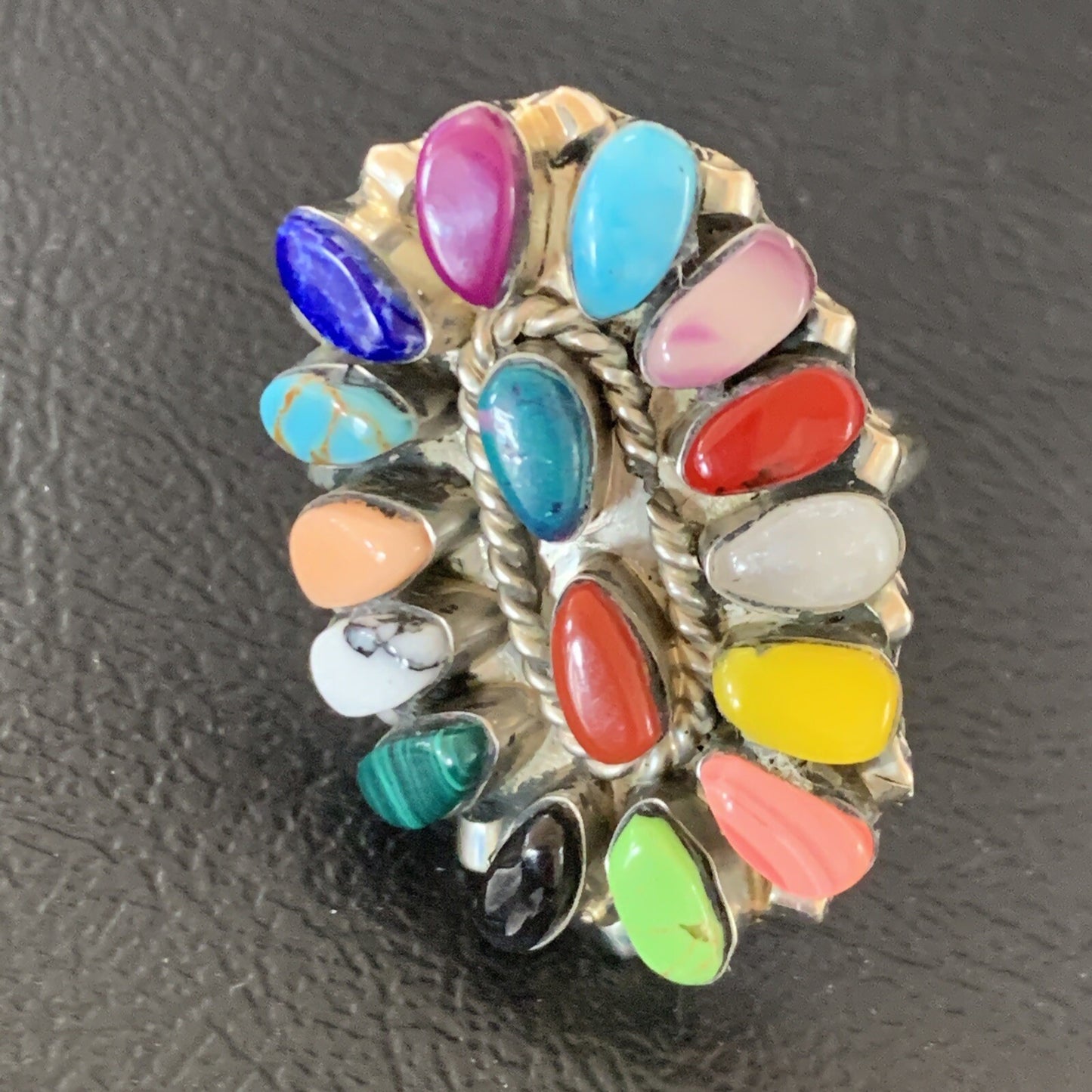 Onyx Lapis Turquoise & Gaspiete Navajo Sterling Silver Inlay Ring Size 8 11960