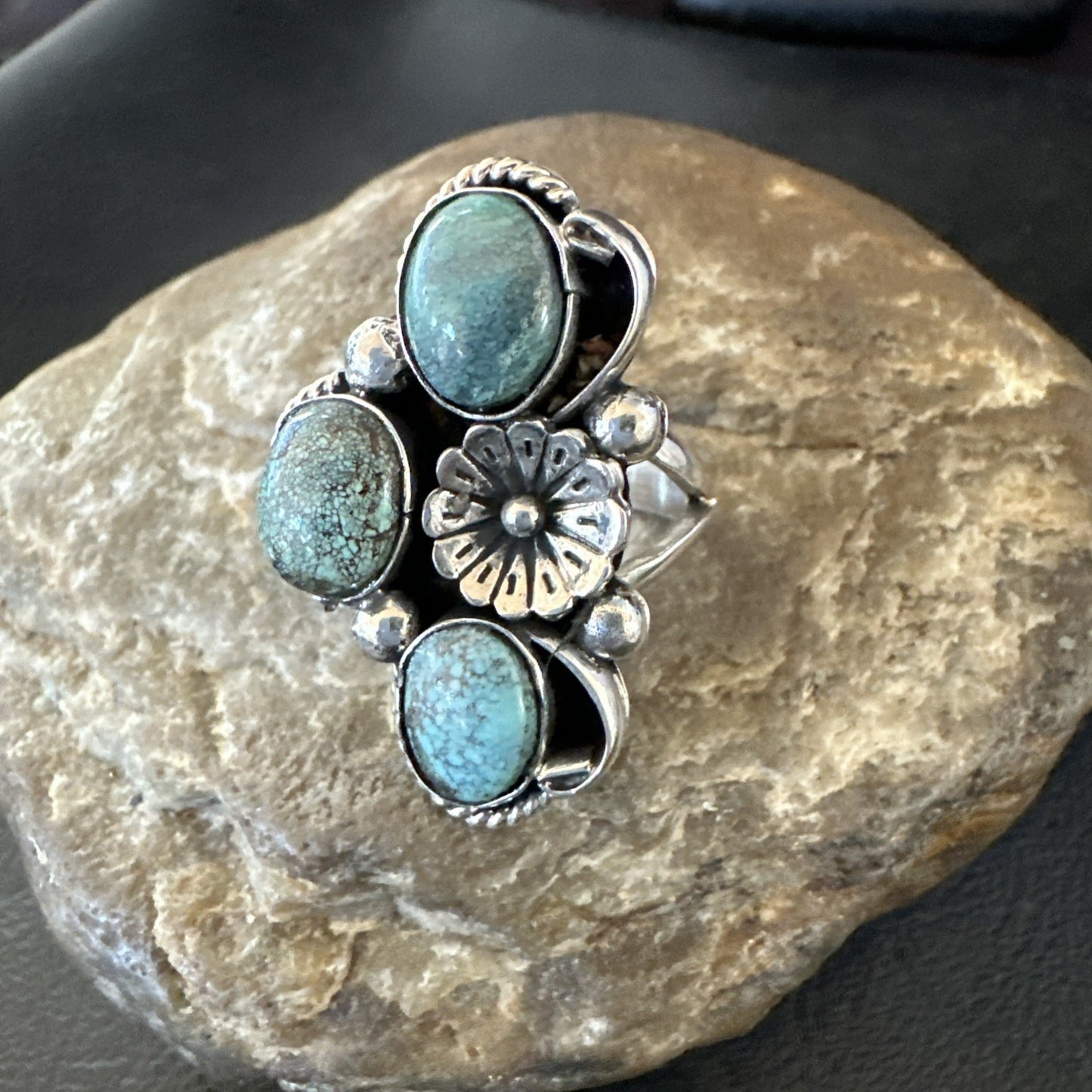 Yazzie Ring Blue Turquoise Navajo Sterling Silver Cluster Size 8 19239