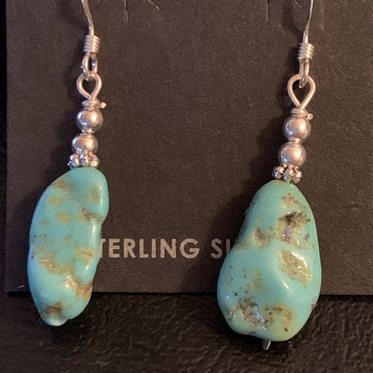 Blue Turquoise Nugget Sterling Silver Beads Navajo Earrings 1" 12892