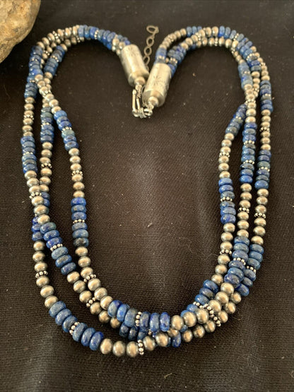 Native Navajo Pearls Denim Lapis 3 Strand Sterling Silver 21” Necklace 00929