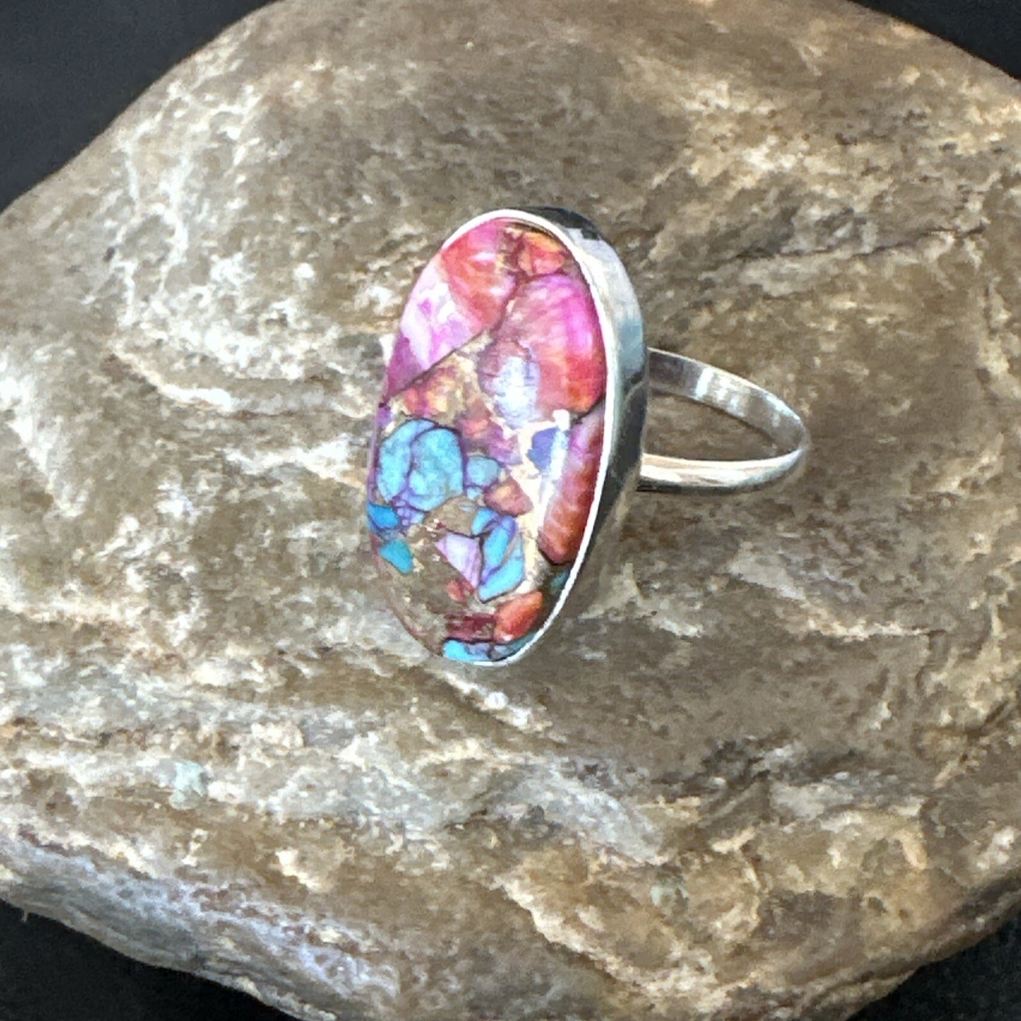 Blue Turquoise Spiny Oyster Southwestern Sterling Silver Ring Size 11 18451