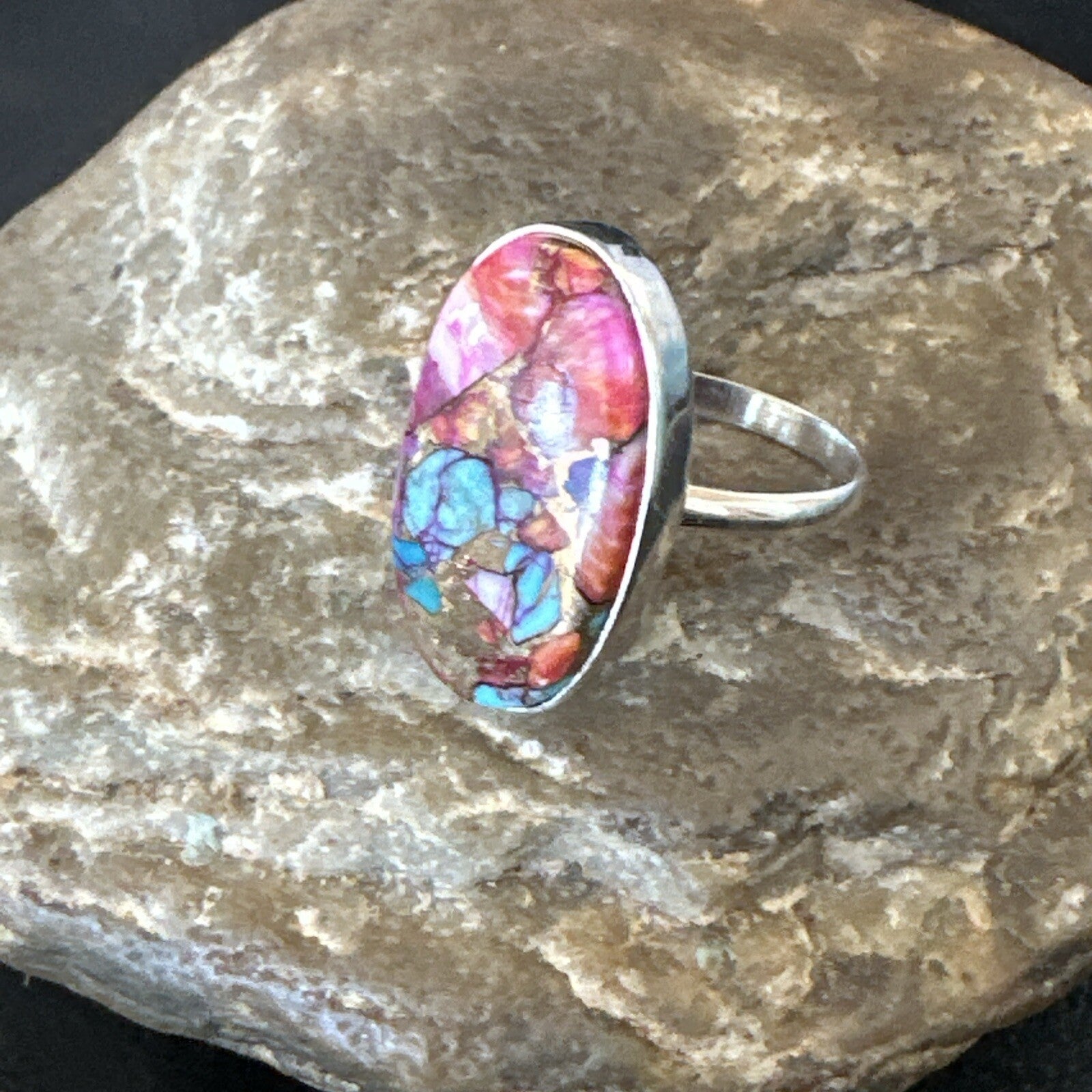 Blue Turquoise Spiny Oyster Southwestern Sterling Silver Ring Size 11 18451