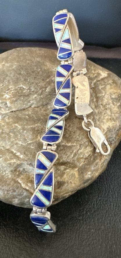 A Womens Blue Lapis Opal Sterling Silver Link Bracelet 9" 19792
