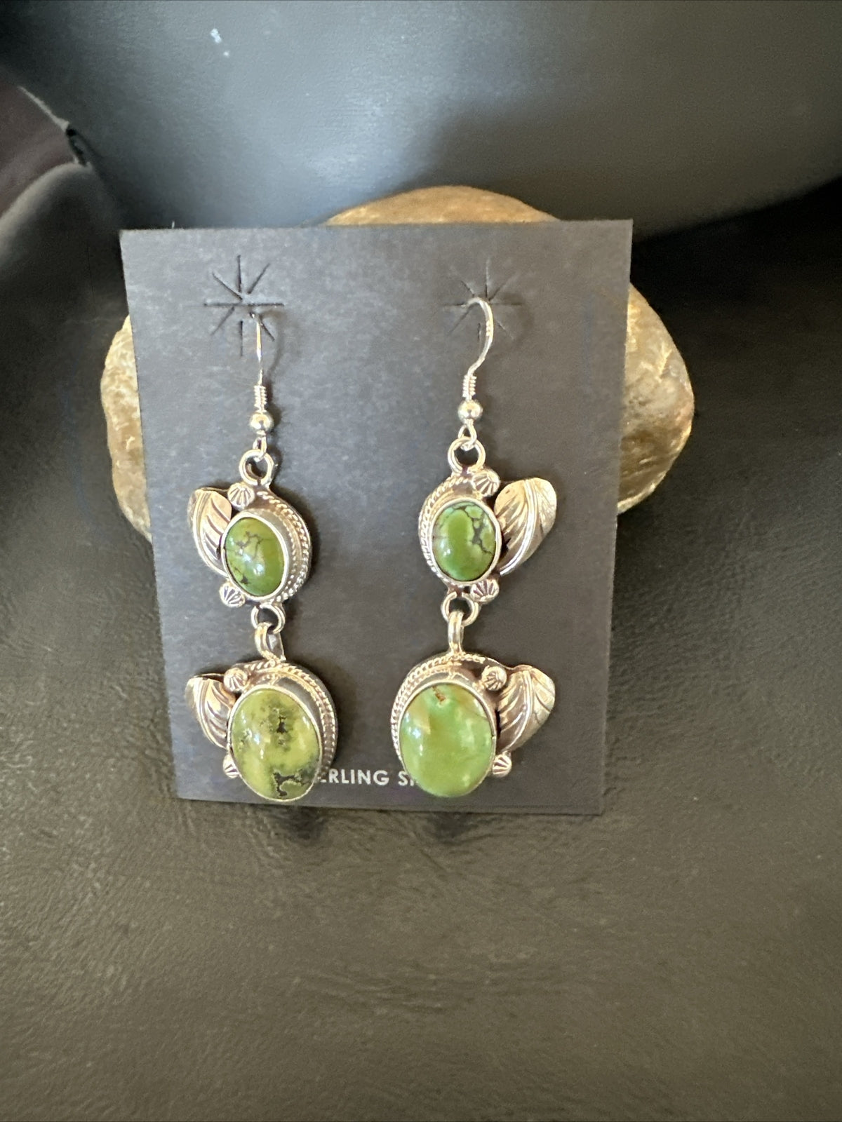 Native Navajo Green Turquoise Sterling Silver Dangle Earrings 2” 17699