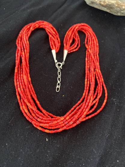 Apple Coral Tube Heishi Bead 10 Strand Navajo Sterling Silver Necklace 17” 4708