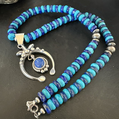 Blue Denim Lapis Turquoise Naja Pendant Navajo Sterling Silver Necklace 21"17688