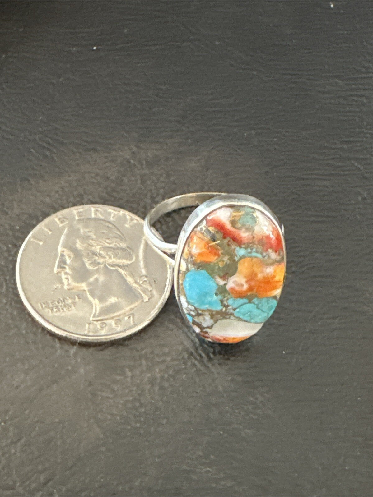 Blue Turquoise Orange Spiny Oyster Navajo Sterling Silver Ring Size 10 18207