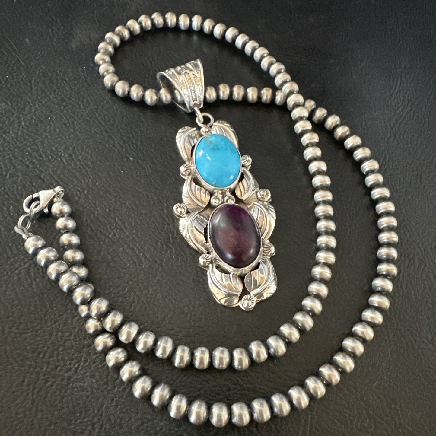 Blue Kingman Turquoise  Purple Stone Pendant Navajo Sterling Silver 18038