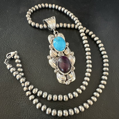 Blue Kingman Turquoise  Purple Stone Pendant Navajo Sterling Silver 18038