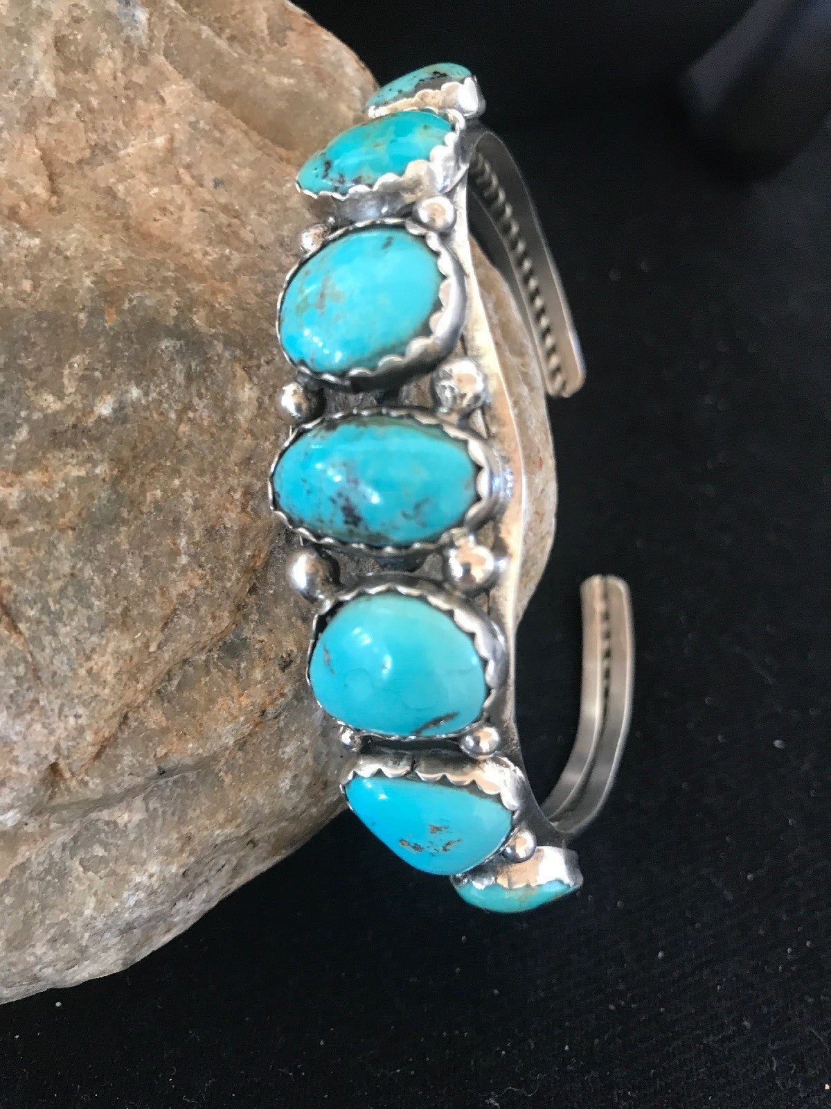 Native Turquoise Navajo Sterling Silver 7 Stone Bracelet Platero 08309