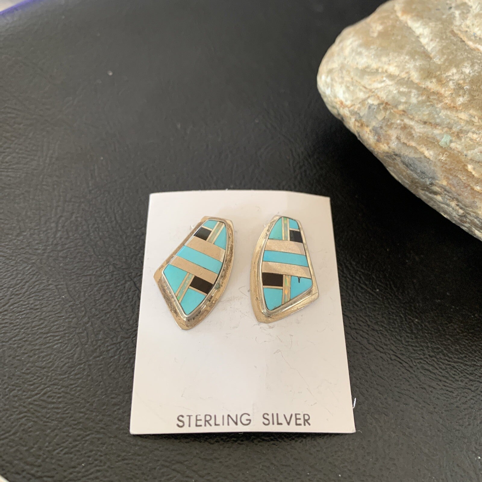 Turquoise & Onyx Inlay Zuni Sterling Silver Old Pawn Earrings 2042