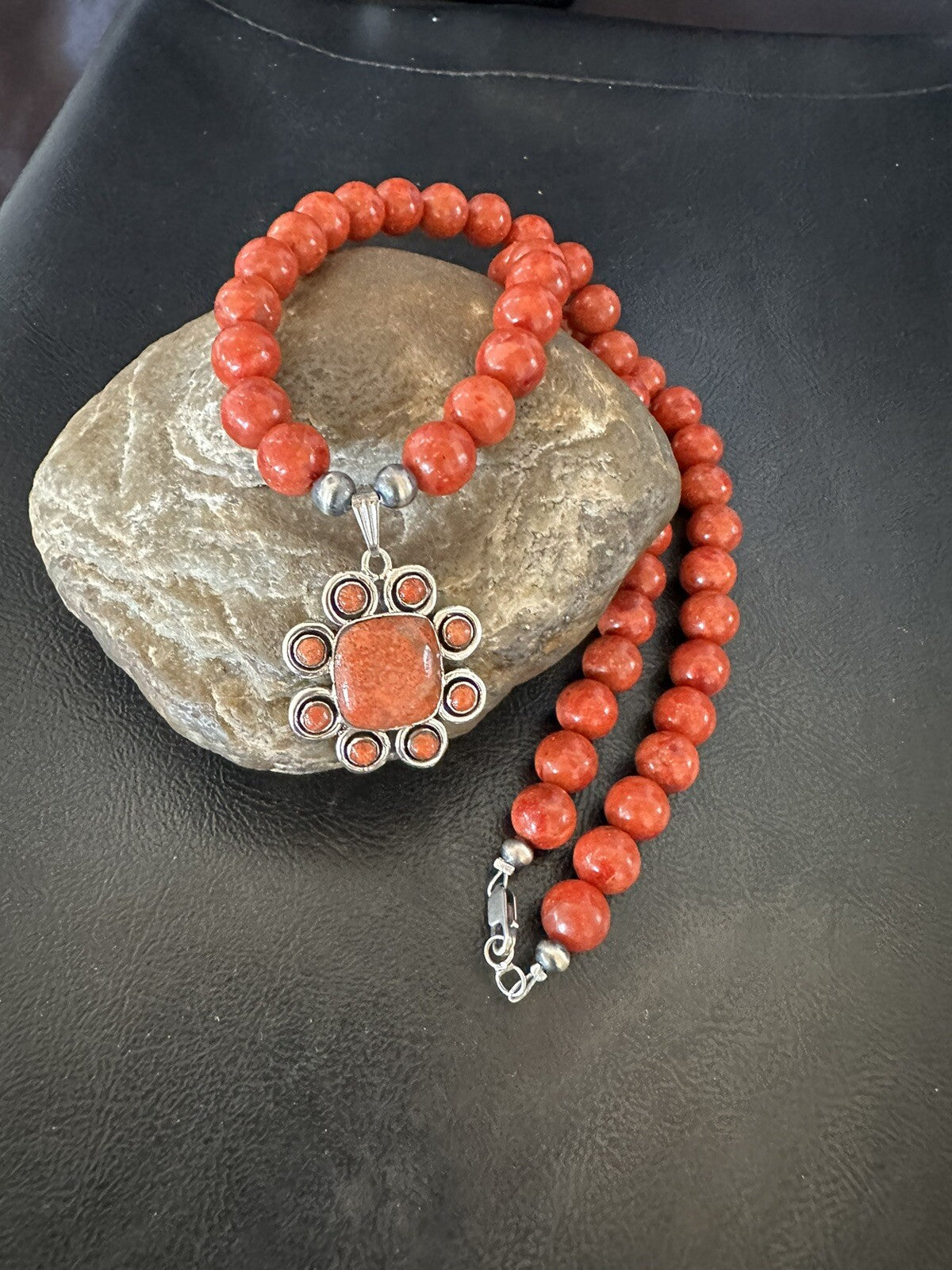Navajo Apple Sponge Coral Sterling Silver Necklace Pendant 18327