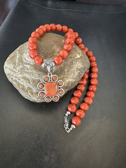 Navajo Apple Sponge Coral Sterling Silver Necklace Pendant 18327