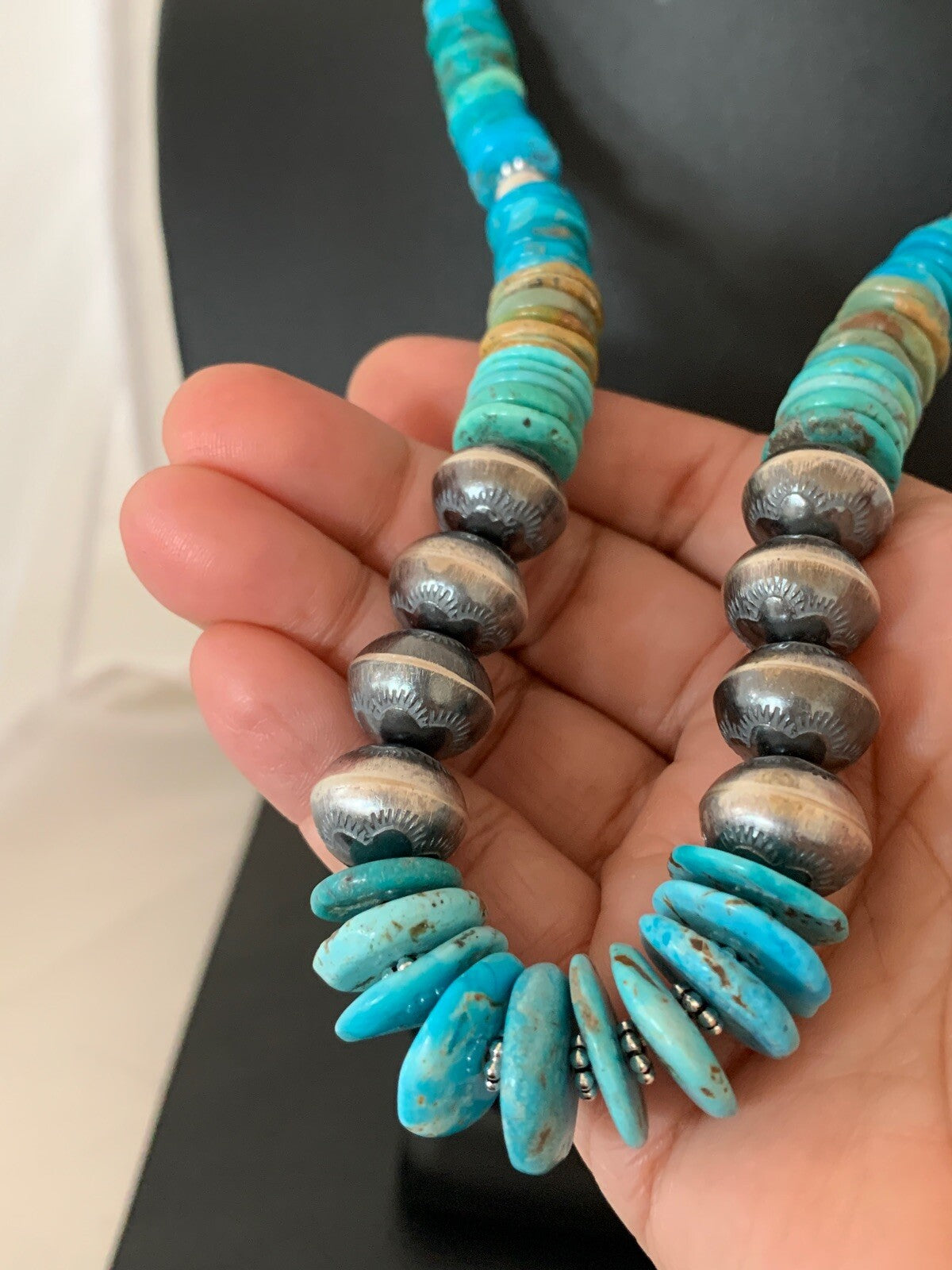Blue Green Turquoise Beads Navajo Pearls Sterling Silver Necklace 4697