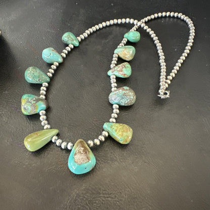 Navajo Pearls Silver Green Teardrop Turquoise Necklace 19015