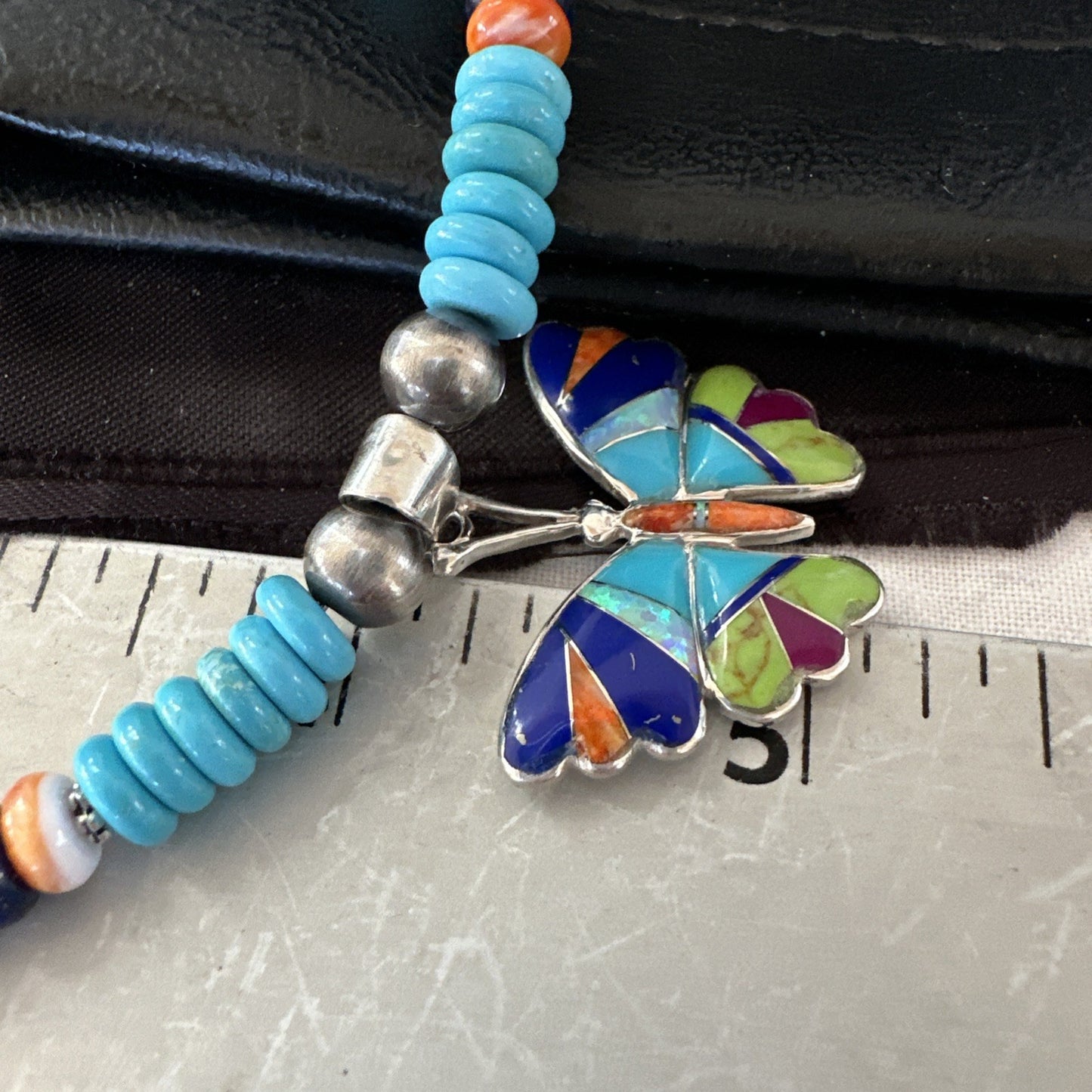 Butterfly Multicolor Turquoise Pendant Navajo Sterling Silver Necklace 19652