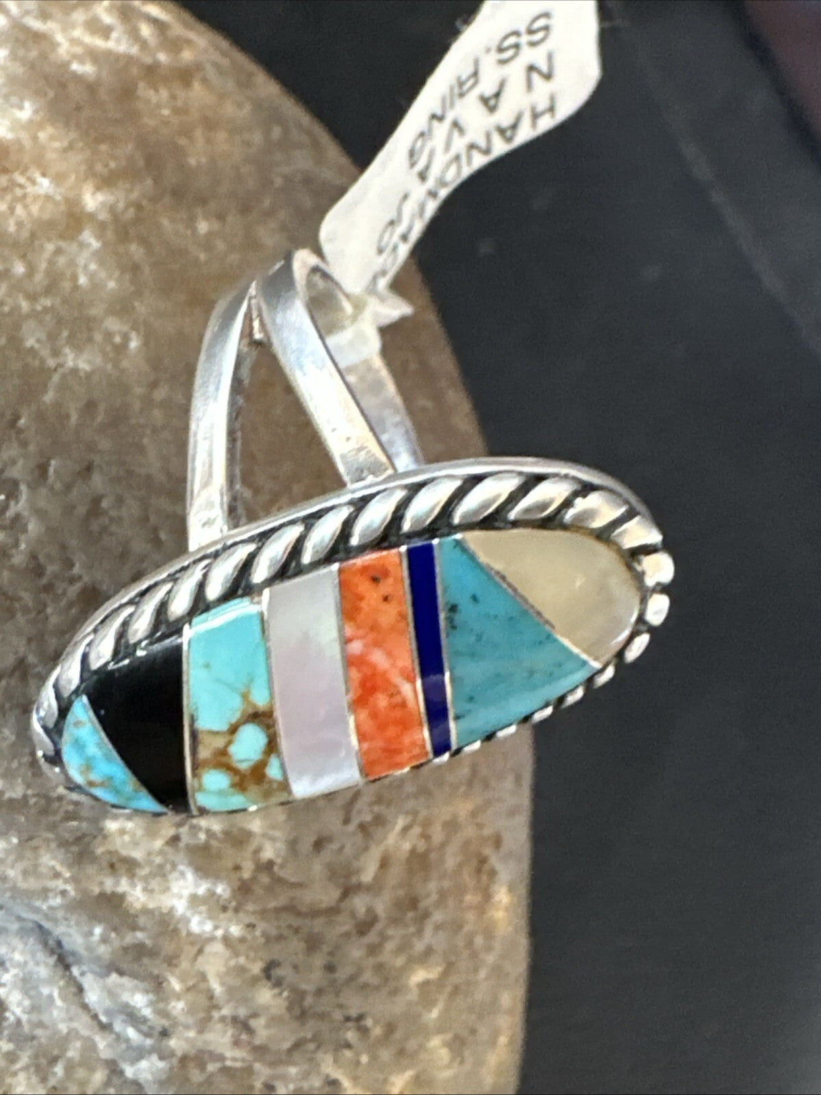 MultiColor Navajo Sterling Turquoise Spiny Oyster Inlay Ring Sz 8.5 18705