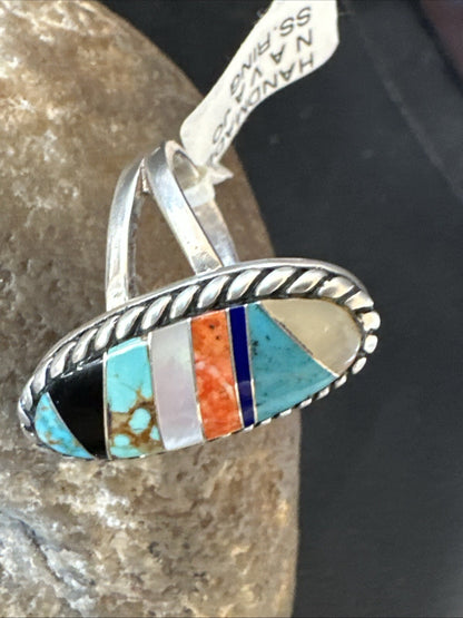 MultiColor Navajo Sterling Turquoise Spiny Oyster Inlay Ring Sz 8.5 18705