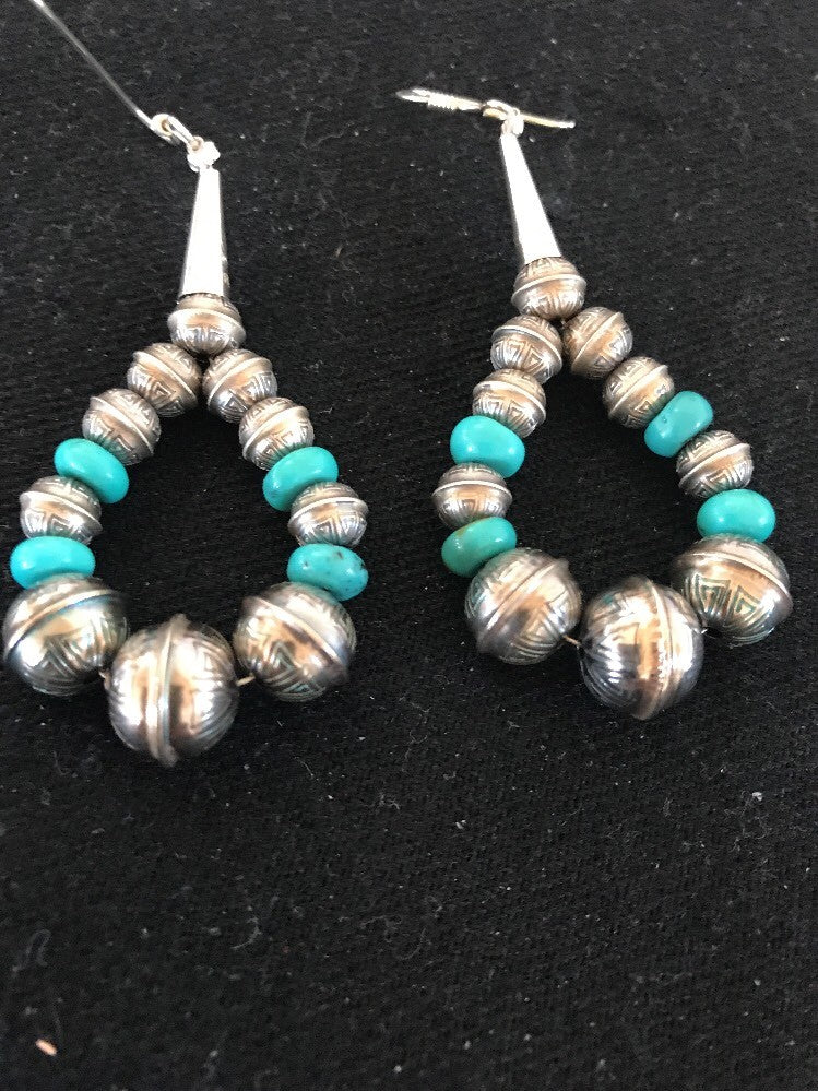 Native Sterling Silver Stamped Turquoise Bead Earrings 10090