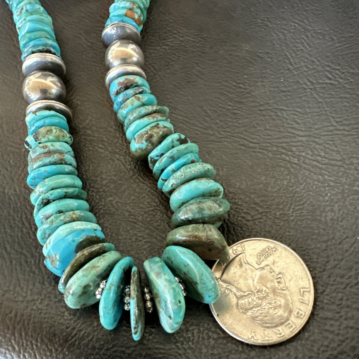 Graduated Blue Turquoise Navajo Pearls Sterling Silver Necklace 19” 18921