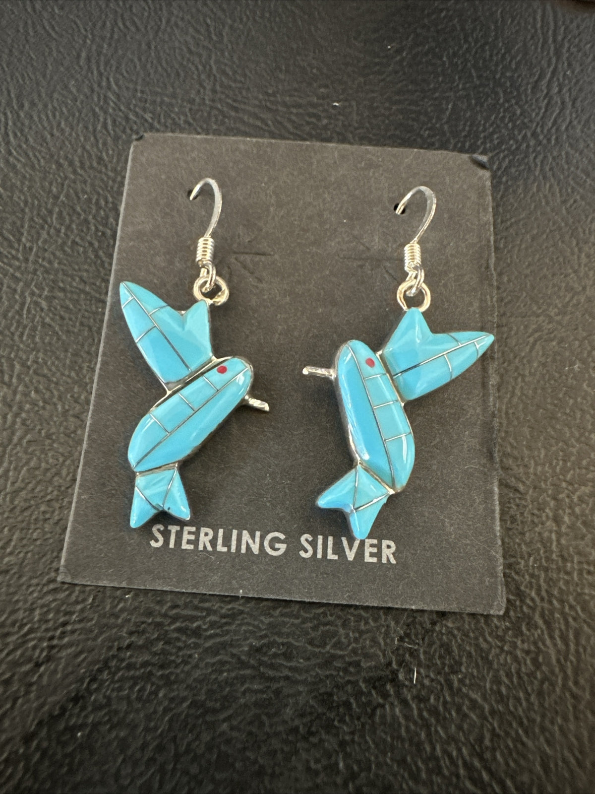 Blue Turquoise Navajo Sterling Silver Hummingbird Dangle Earrings 1424