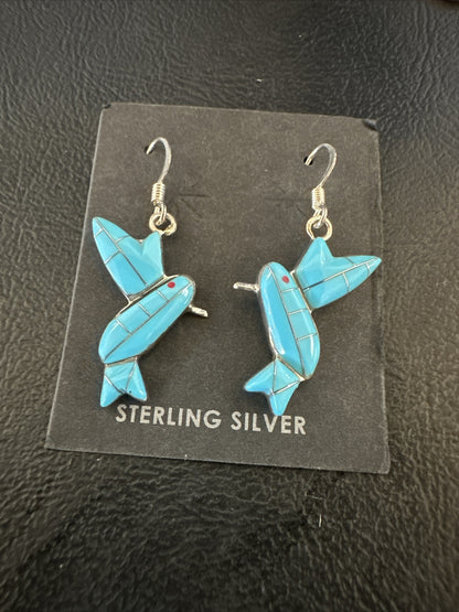 Blue Turquoise Navajo Sterling Silver Hummingbird Dangle Earrings 1424
