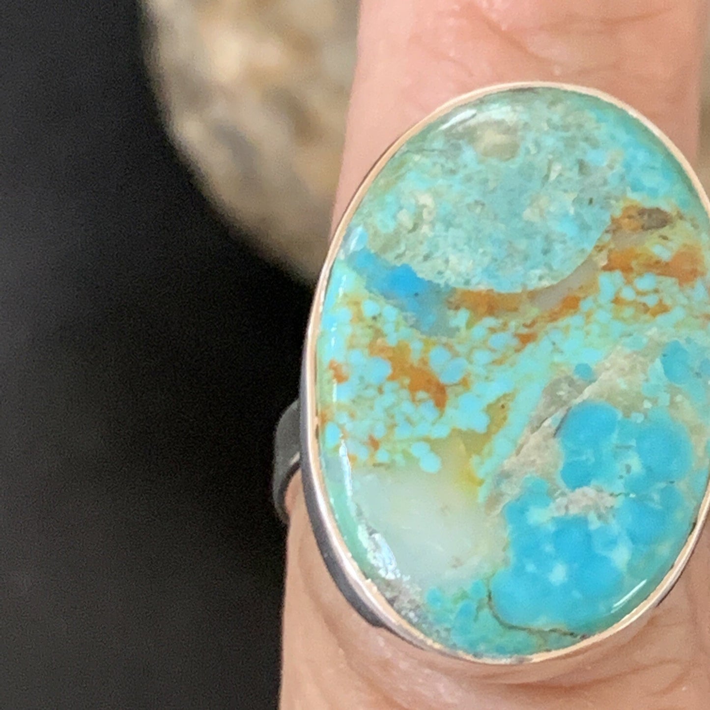 Blue Kingman Turquoise Oval Navajo Sterling Silver Ring Size 8 Adjustable 12800