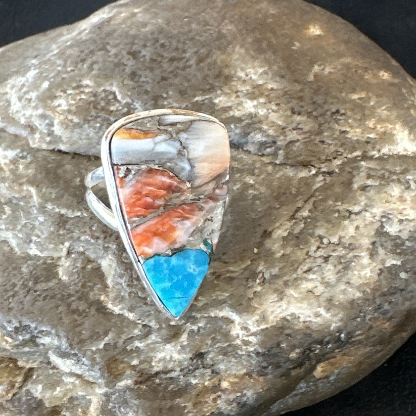 Blue Turquoise Spiny Oyster Southwestern Sterling Silver Ring Size 6 18470