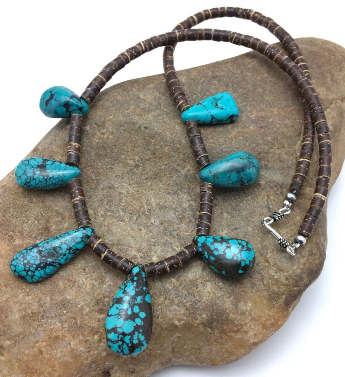 Spiderweb Turquoise & Bone Bead Navajo Pearls Sterling Silver Necklace 20" 4100