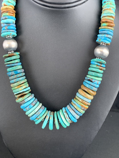 Mens Blue Green Turquoise Navajo Sterling Silver Necklace A3