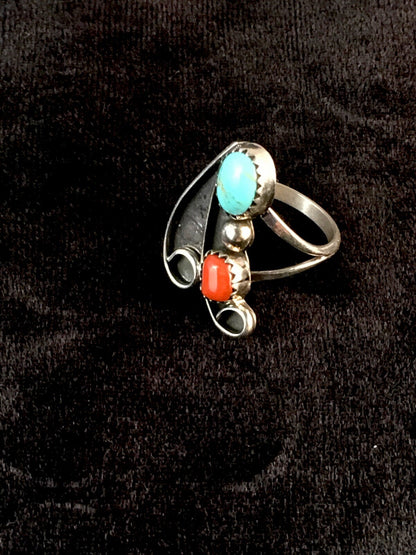 Mens Turquoise & Coral Navajo Sterling Silver Ring Size 6.5 08714